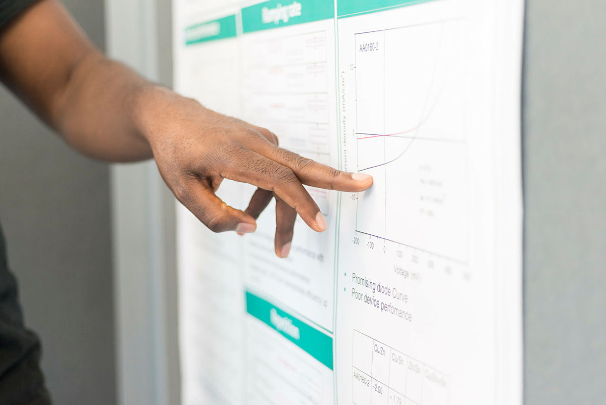 Hand deutet auf eine wissenschaftliche Grafik mit Kurvenverläufen auf einem Poster.